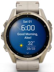 Часы Garmin Fenix 8 43mm Amoled Sapphire Titanium, золотистый, серый кожаный ремешок (010-02903-40)